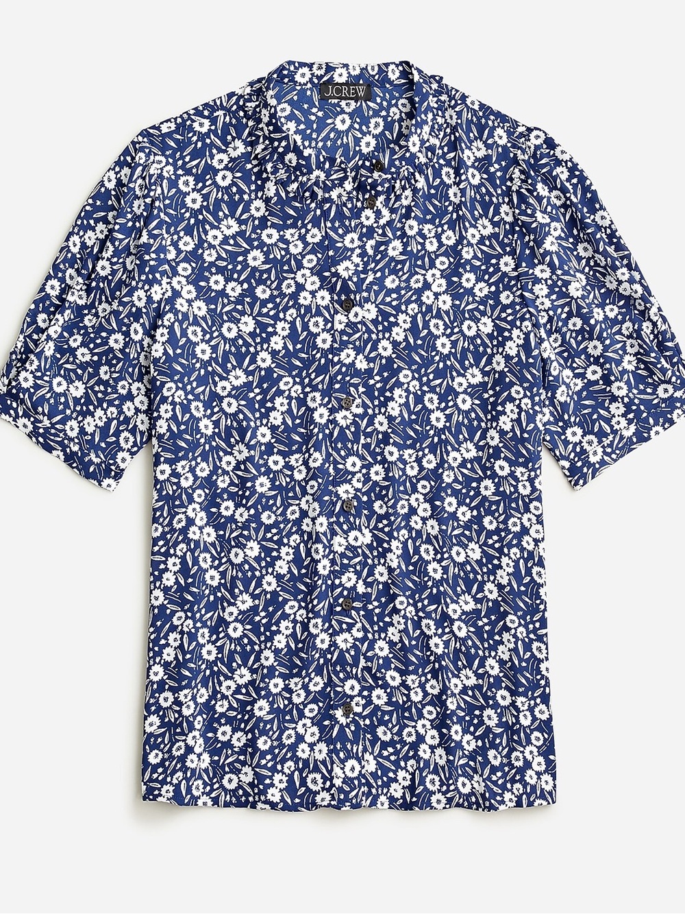 J. Crew Navy and White Floral Ruffle-Neck Short Sleeve Blouse